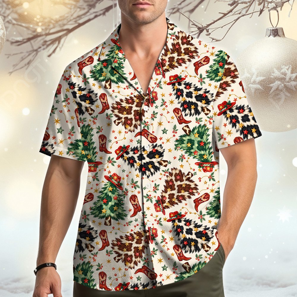 Lifestyle view of someone wearing the western christmas hawaiian shirt outdoors