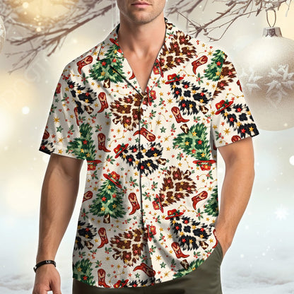 Lifestyle view of someone wearing the western christmas hawaiian shirt outdoors