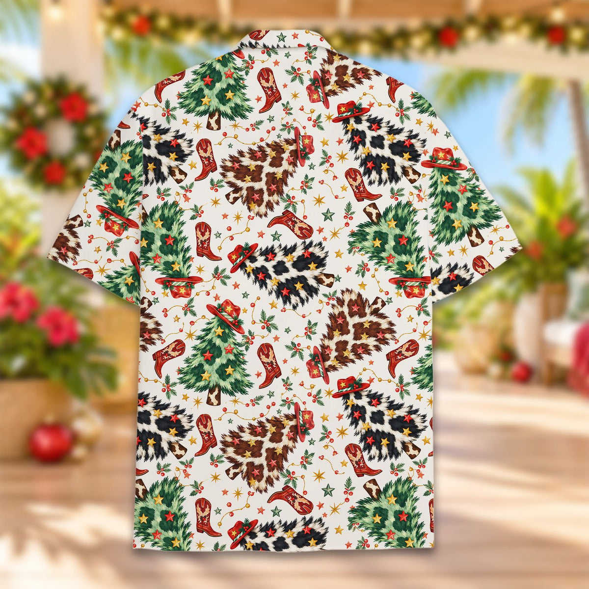 Close up detail of the western christmas tree and cow print pattern on the hawaiian shirt