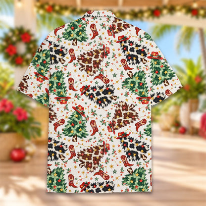 Close up detail of the western christmas tree and cow print pattern on the hawaiian shirt