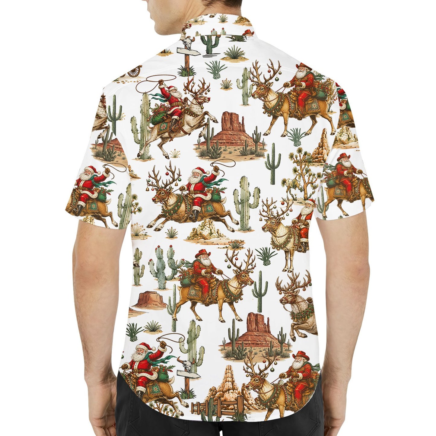 Back view of the matching family hawaiian shirt with western holiday pattern