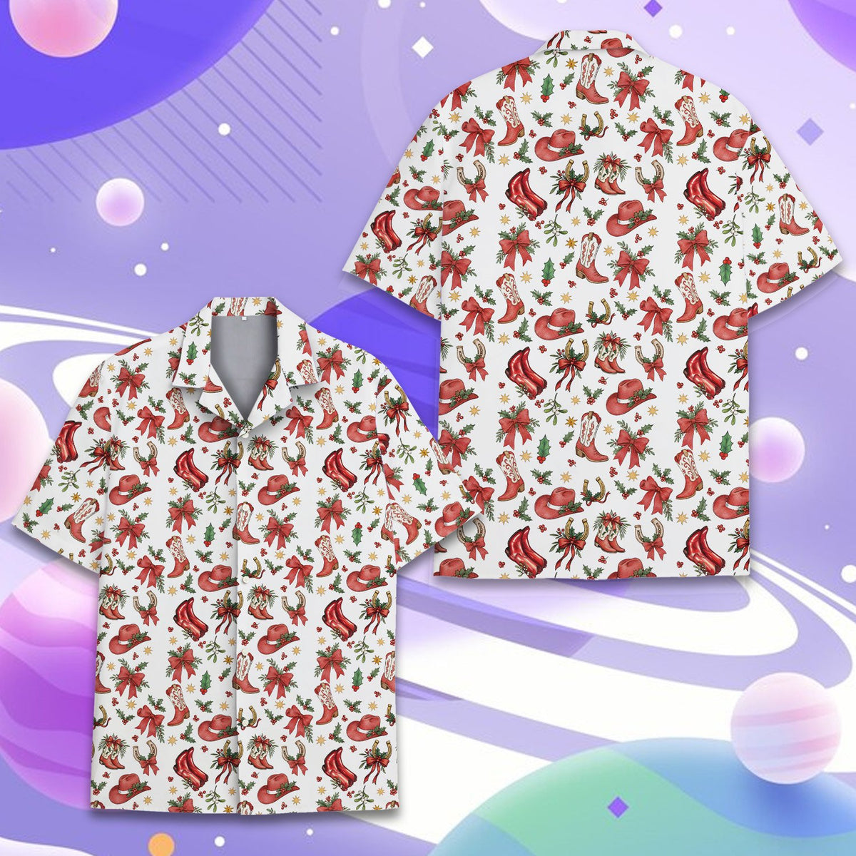 White western Christmas hawaiian shirt showing festive details, front view