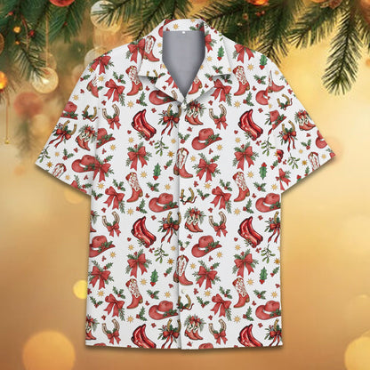 Western hawaiian shirt for Christmas with cowboy hats and red ribbons, front view