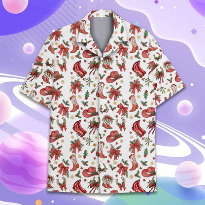 Festive white western hawaiian shirt, close up front view