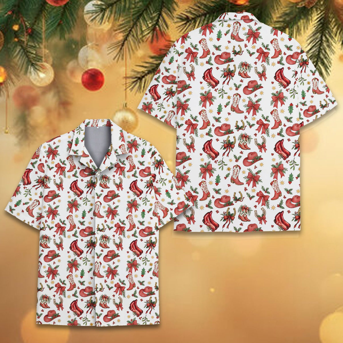 Matching family hawaiian shirts featuring a western Christmas design, front view