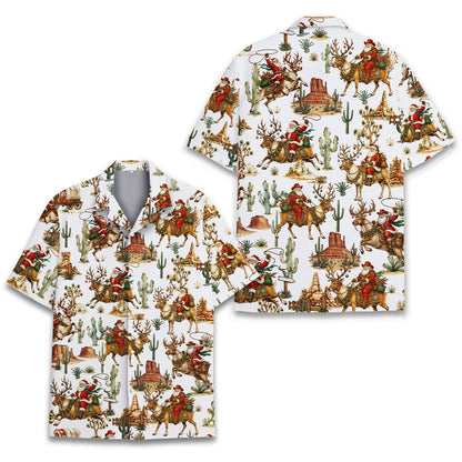 Main view of the western cowboy hawaiian shirt featuring a festive holiday print on a white background