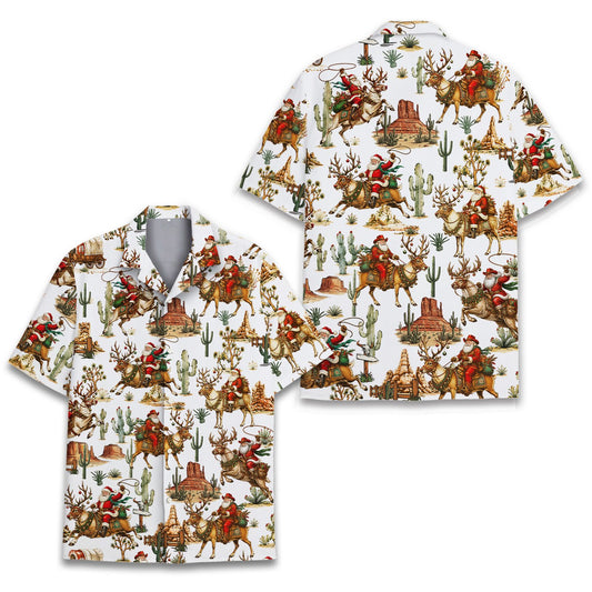 Main view of the western cowboy hawaiian shirt featuring a festive holiday print on a white background