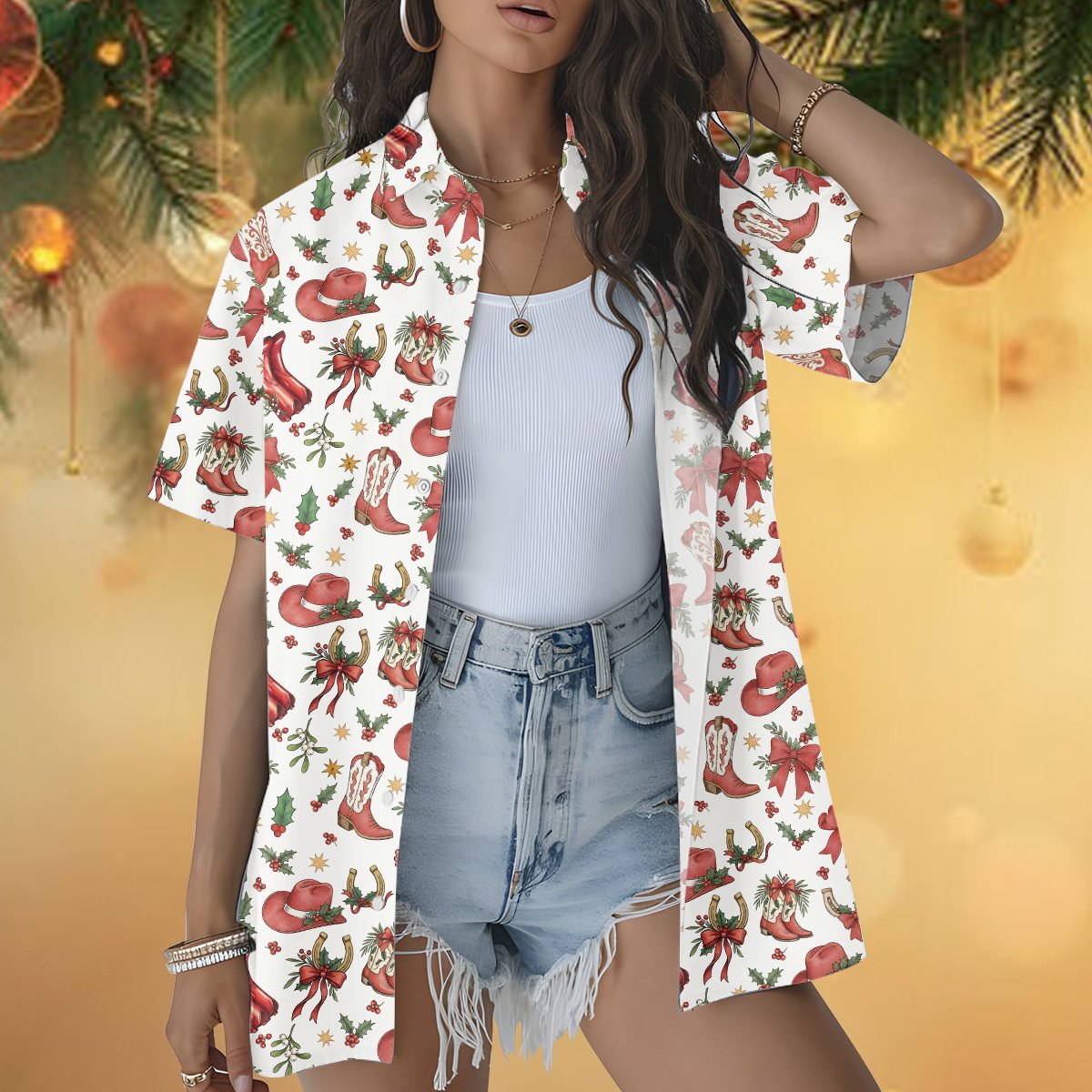Lifestyle shot featuring the western Christmas hawaiian shirt in a festive setting
