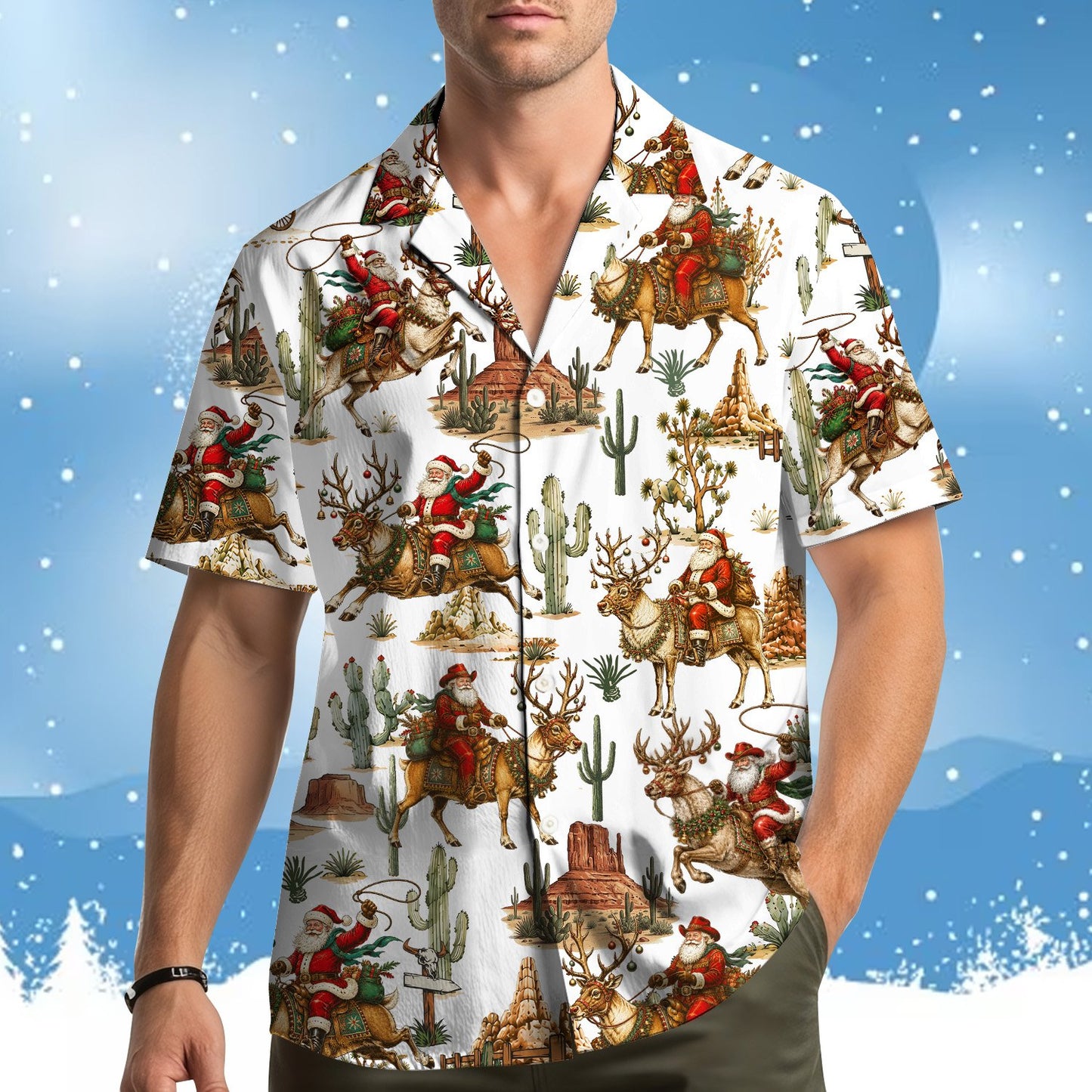 Second lifestyle view of the matching family hawaiian shirts in a casual setting