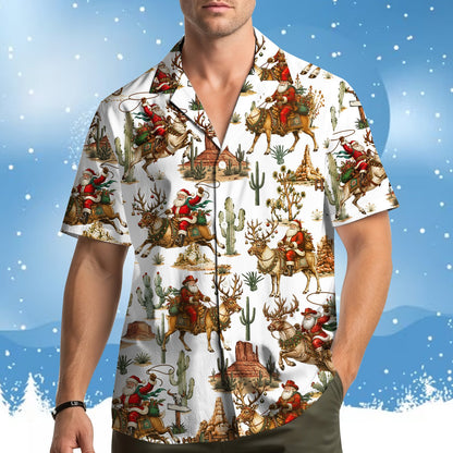 Second lifestyle view of the matching family hawaiian shirts in a casual setting