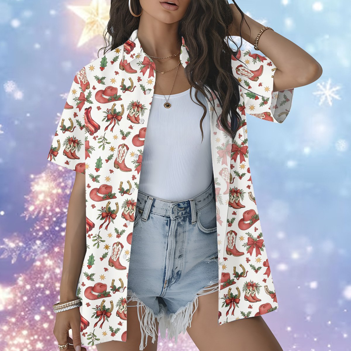 Lifestyle image of matching family hawaiian shirts with cowboy boots and hats
