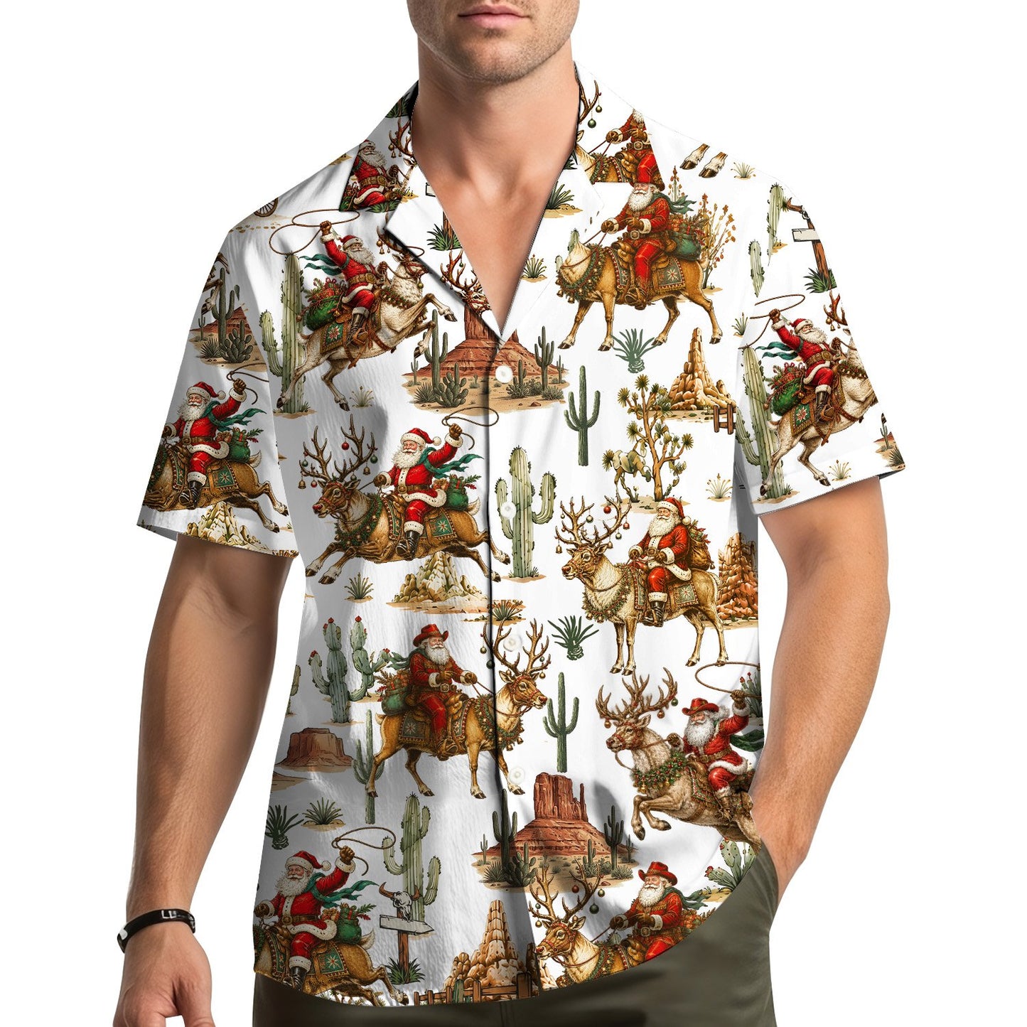 Third lifestyle view showcasing the western christmas design on the hawaiian shirt