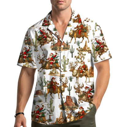 Third lifestyle view showcasing the western christmas design on the hawaiian shirt