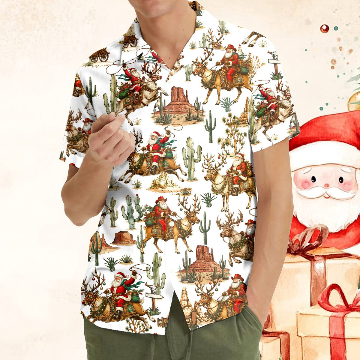 Fifth lifestyle view highlighting the vibrant red and green colors of the western pattern