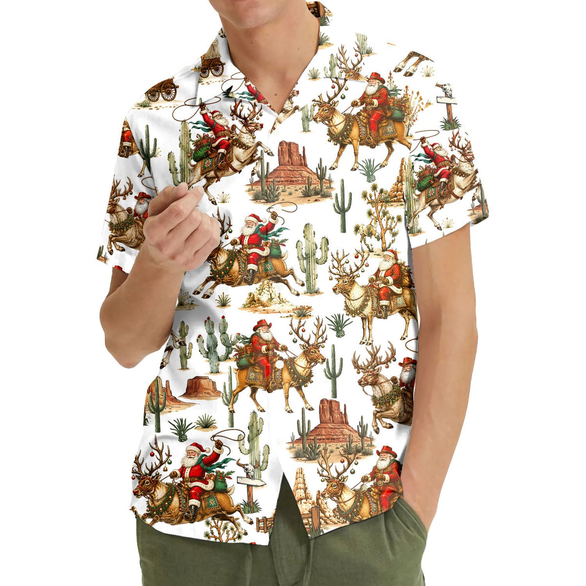 Sixth lifestyle view of the western cowboy hawaiian shirt worn outdoors