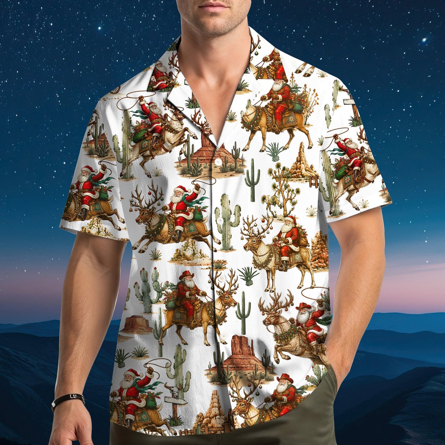 Lifestyle view of a person wearing the white western hawaiian shirt