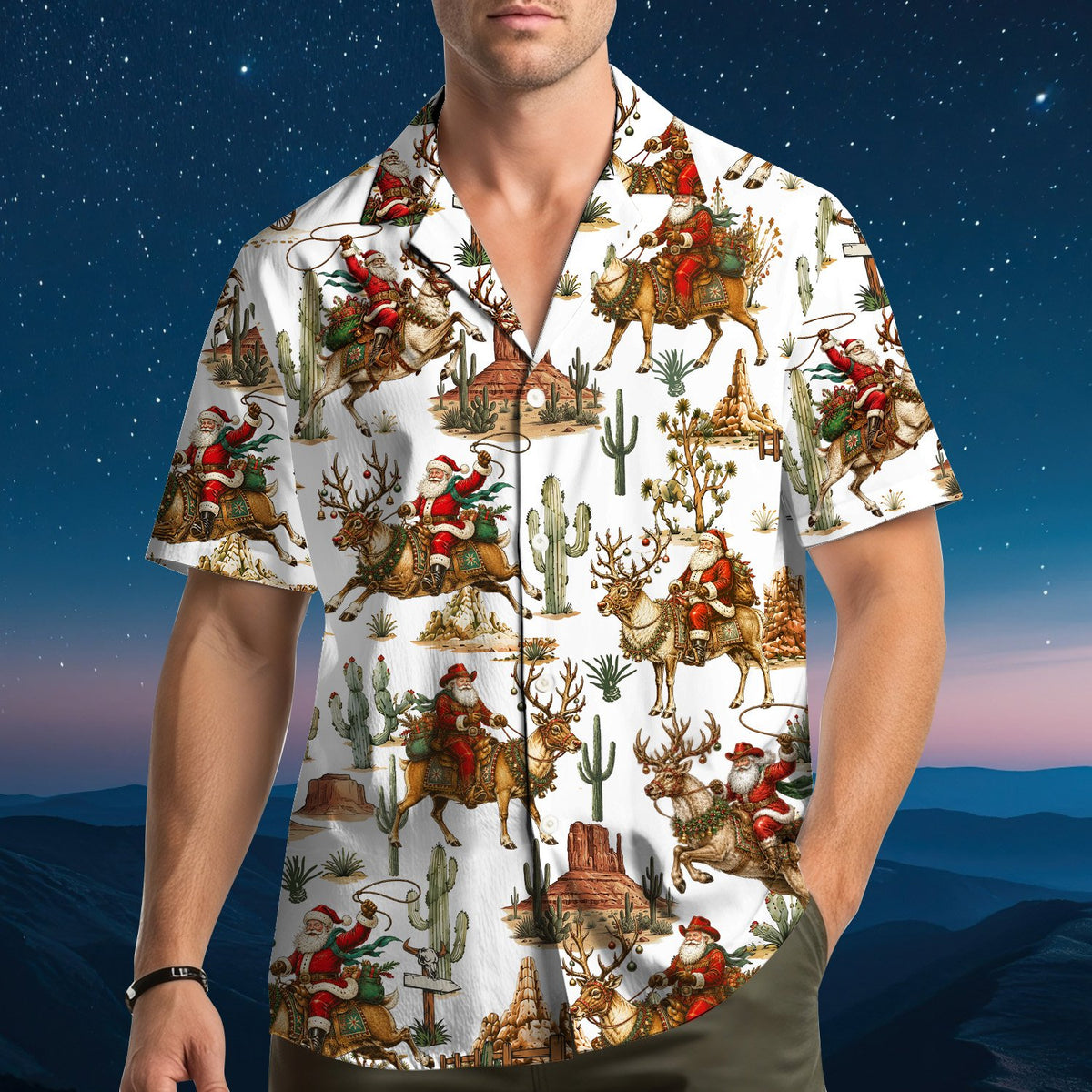 Lifestyle view of a person wearing the white western hawaiian shirt