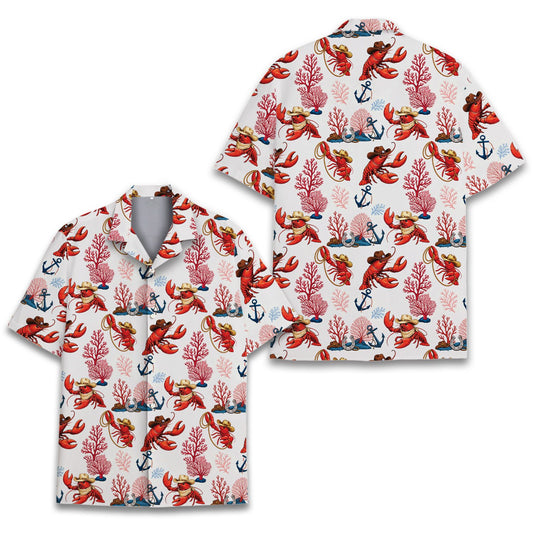 Main view of the western coastal hawaiian shirt with cowboy lobsters