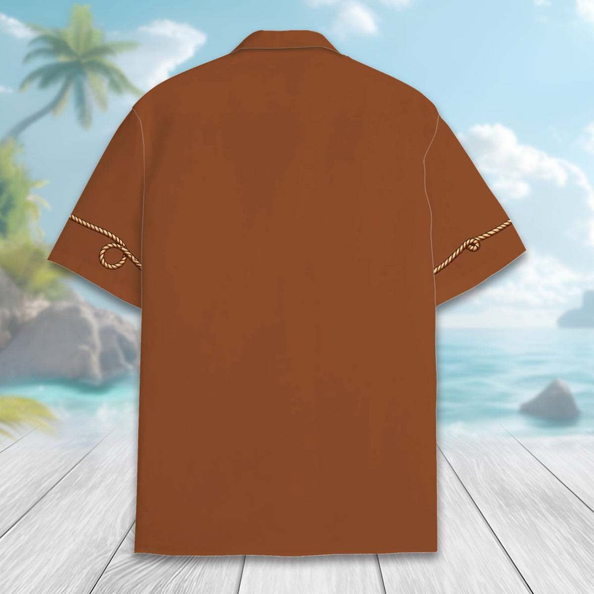 Lower back view of the brown polyester hawaiian shirt fabric