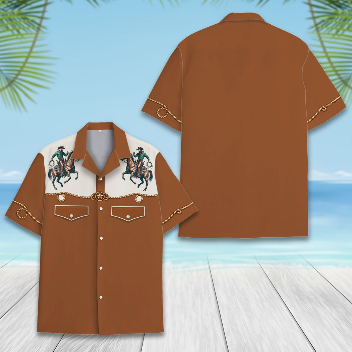 Close-up front view of the rope and star design on the cowboy hawaiian shirt