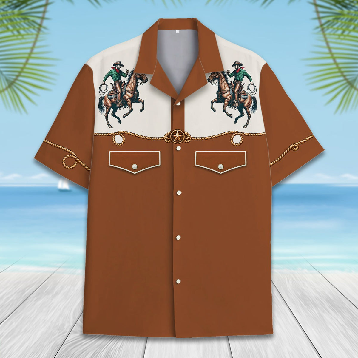 Detailed front view of the cream upper chest and collar of the western hawaiian shirt