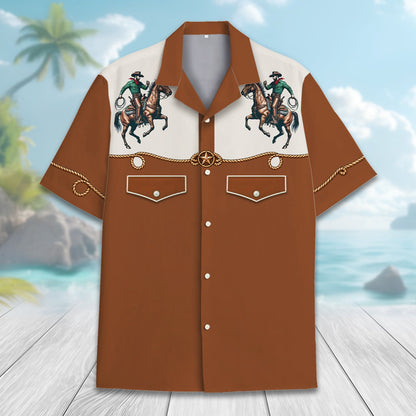 Lower front view showing the brown section of the matching family hawaiian shirt