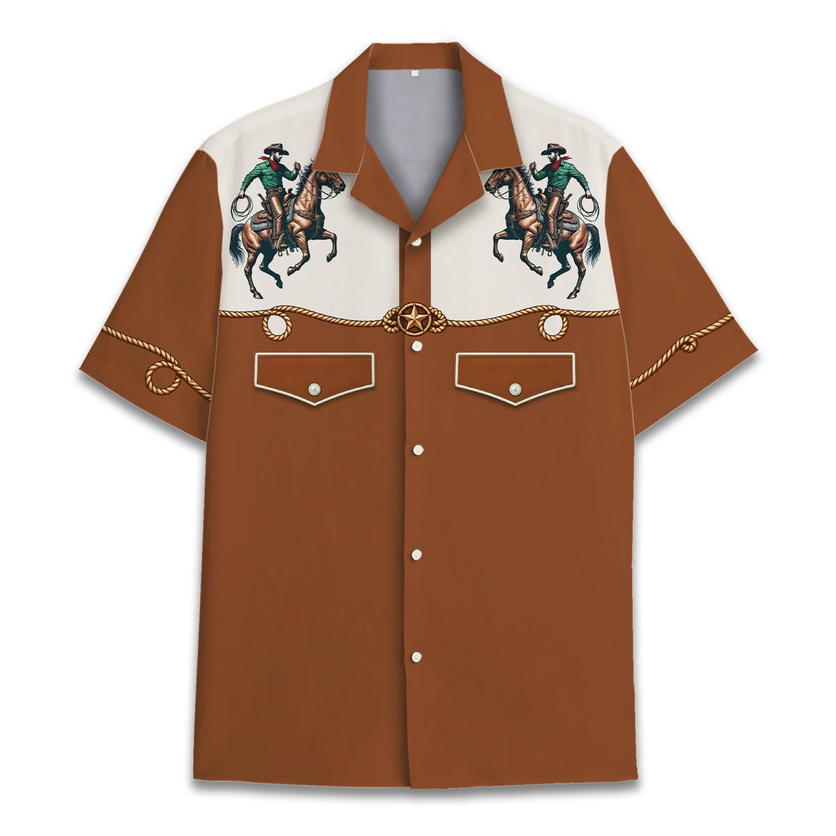 Front view of the western cowboy hawaiian shirt with bucking horse illustration