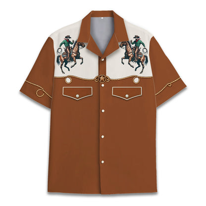 Matching family hawaiian shirts featuring a western cowboy design on brown and cream fabric, main view