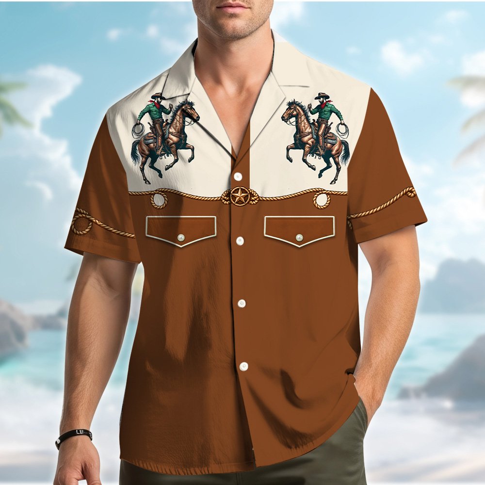 Lifestyle image of a person wearing the western cowboy hawaiian shirt outdoors