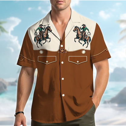 Lifestyle image of a person wearing the western cowboy hawaiian shirt outdoors