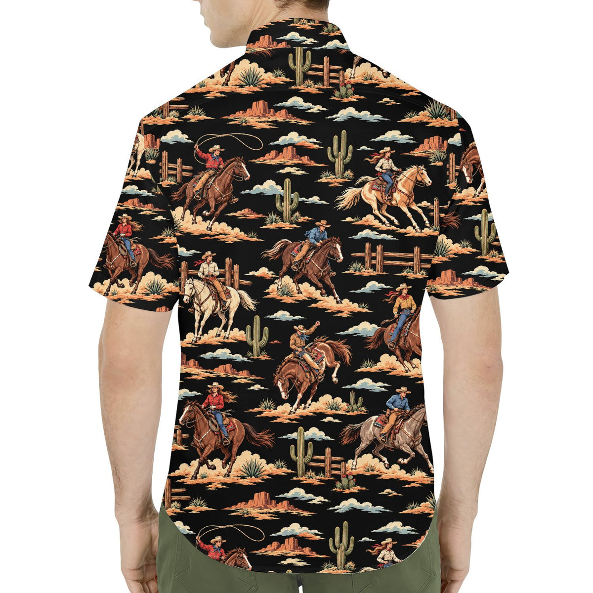 Back view of western cowboy Hawaiian shirt with vintage desert print