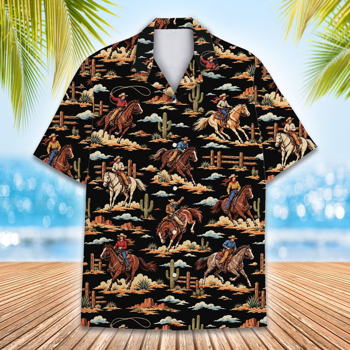 Detailed front view of desert scene on family Hawaiian shirt