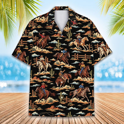 Detailed front view of desert scene on family Hawaiian shirt