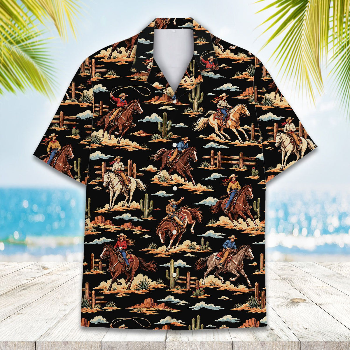 Another front view showing cacti and desert landscape on the Hawaiian shirt