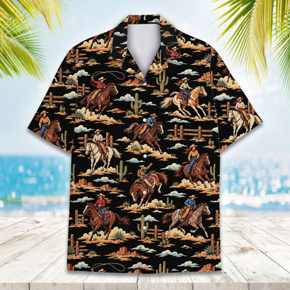 Another front view showing cacti and desert landscape on the Hawaiian shirt