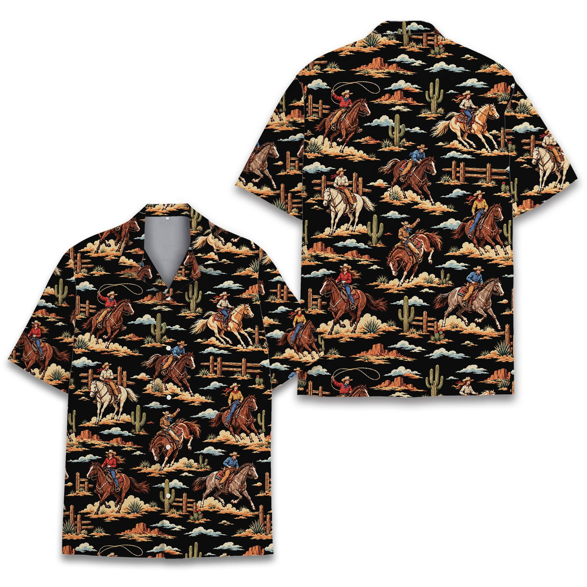 Western cowboy matching family Hawaiian shirt front view on a black background