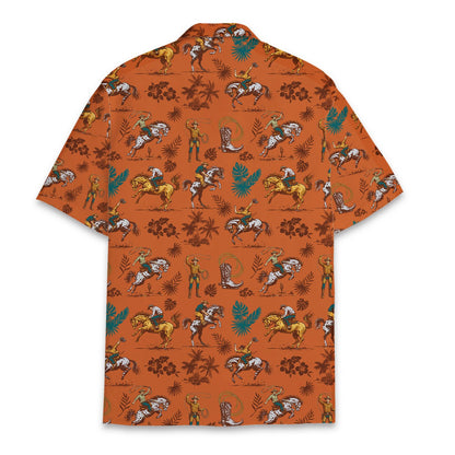 Back view of the vibrant orange hawaiian shirt