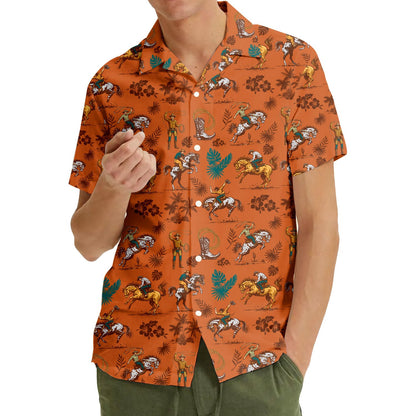 Lifestyle view showing the western hawaiian shirt outdoors