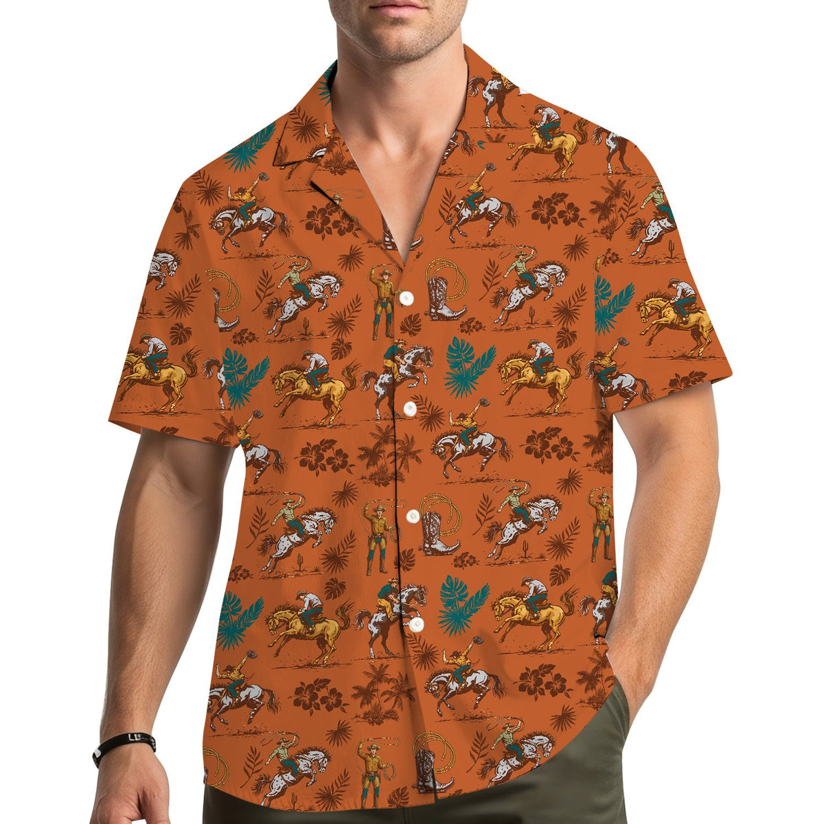 Lifestyle view of a family wearing matching hawaiian shirts