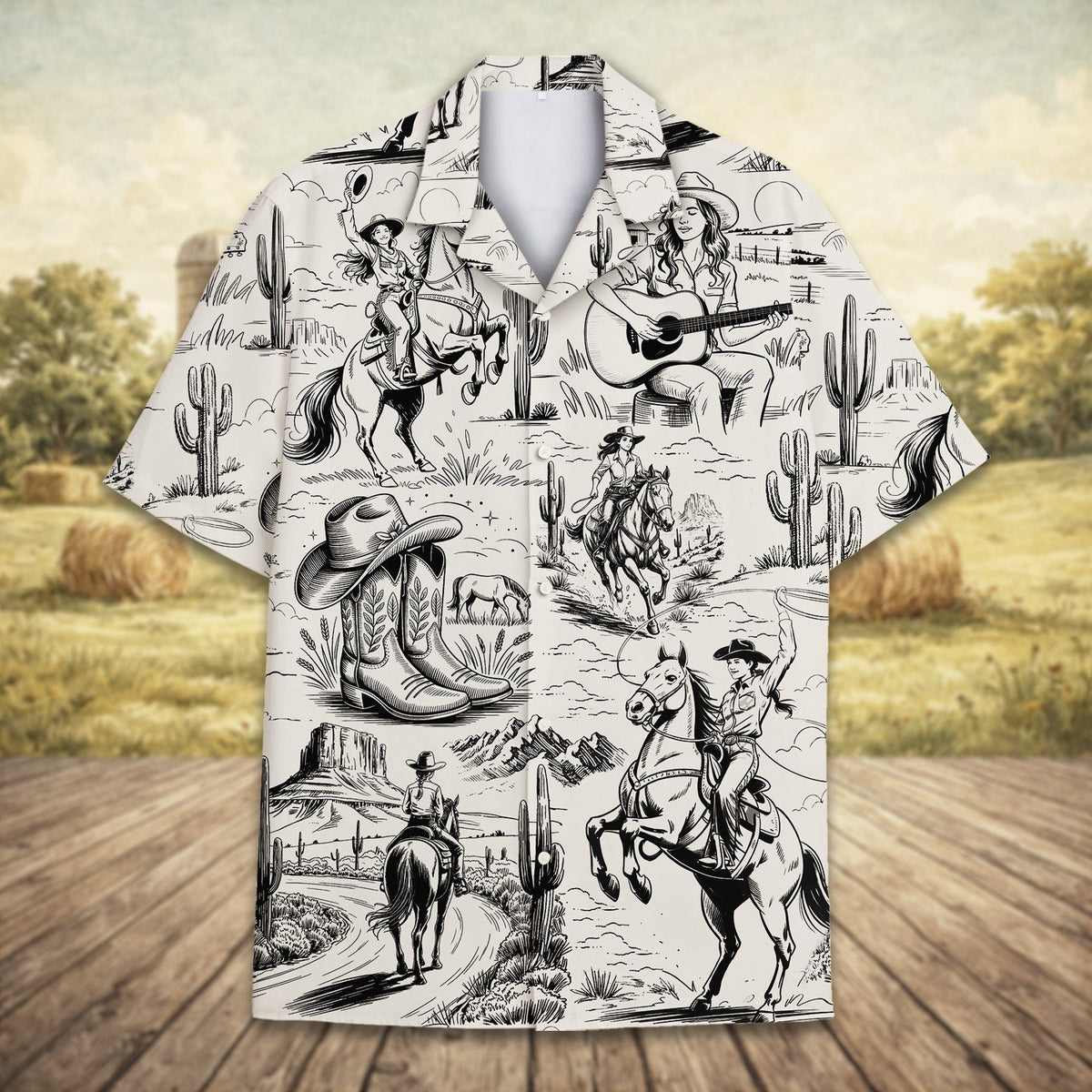 Back view of the matching family hawaiian shirt with western motif