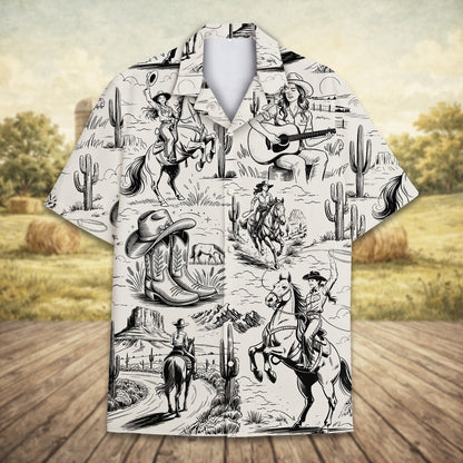 Back view of the matching family hawaiian shirt with western motif