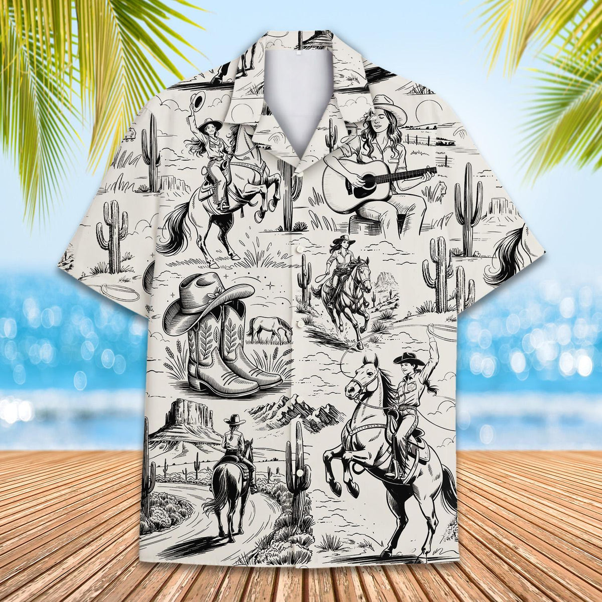 Front detail of the cowgirl hawaiian shirt showing cowboy boot illustrations