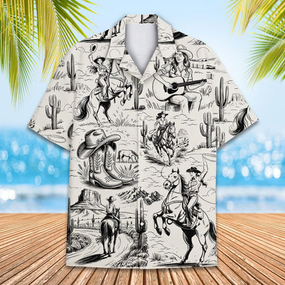 Front detail of the cowgirl hawaiian shirt showing cowboy boot illustrations
