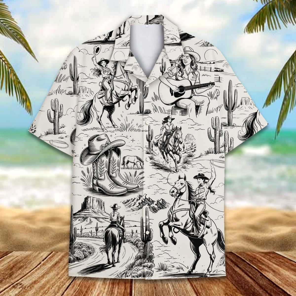 Close-up front view of the beige western hawaiian shirt
