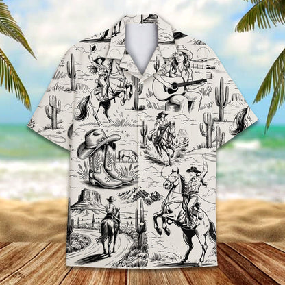 Close-up front view of the beige western hawaiian shirt