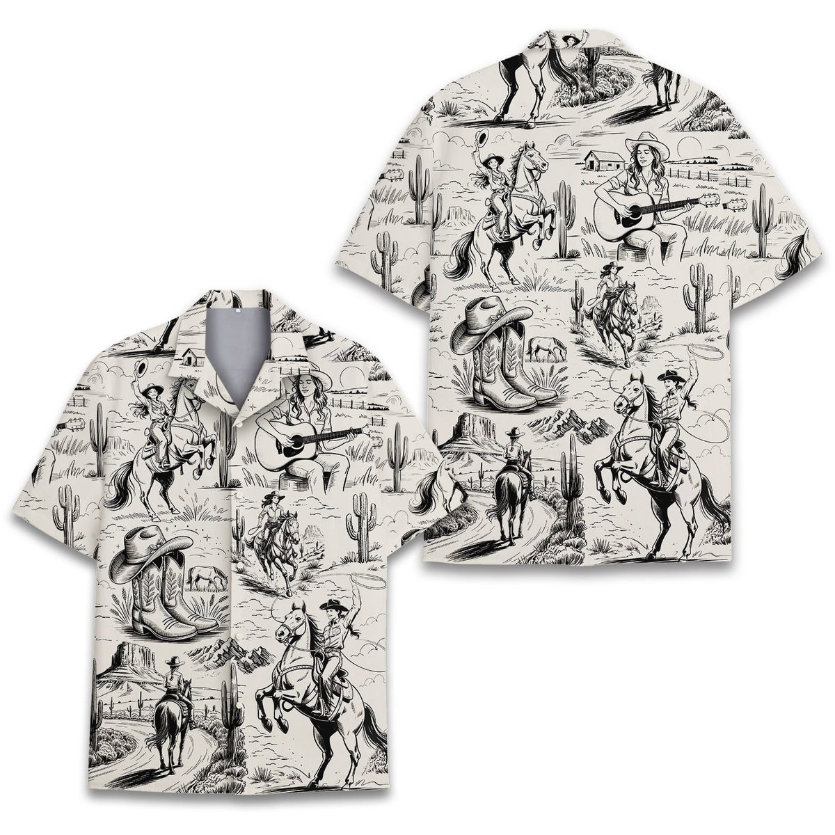 Another front perspective of the western cowgirl hawaiian shirt