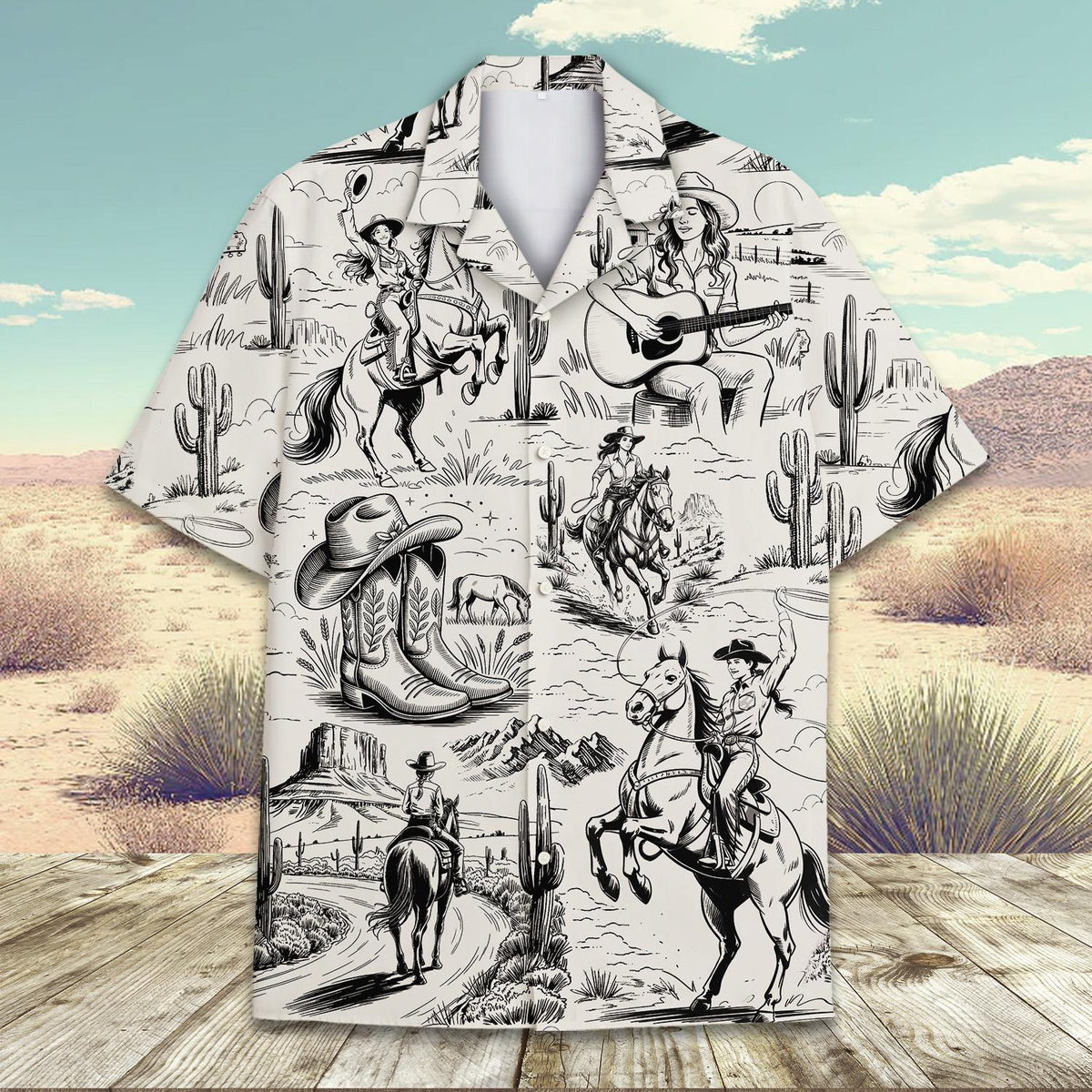 Vintage style western cowgirl hawaiian shirt on a beige background, main view