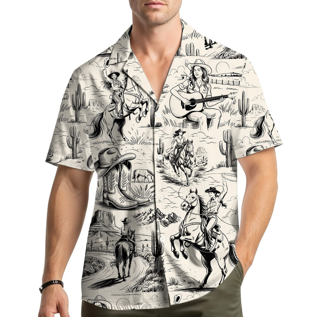 Lifestyle view of someone wearing the beige cowgirl hawaiian shirt