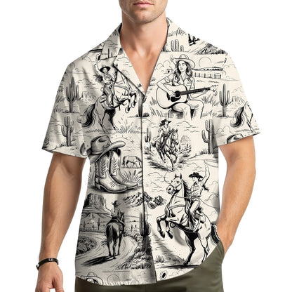 Lifestyle view of someone wearing the beige cowgirl hawaiian shirt