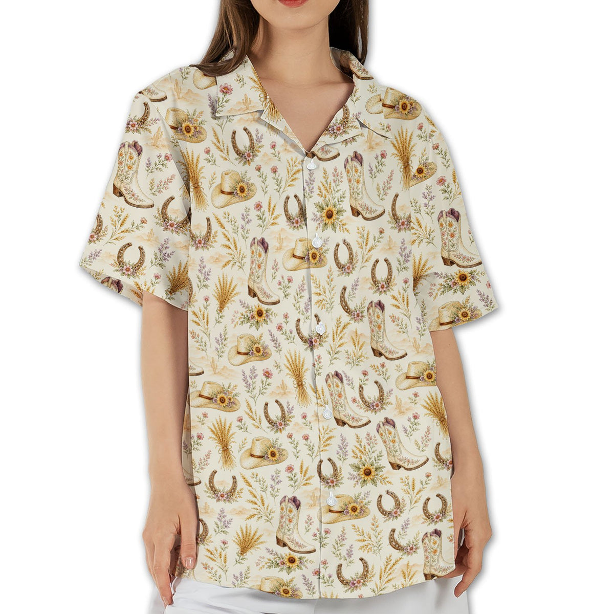 Close up front view of the matching family hawaiian shirt with cowgirl motif